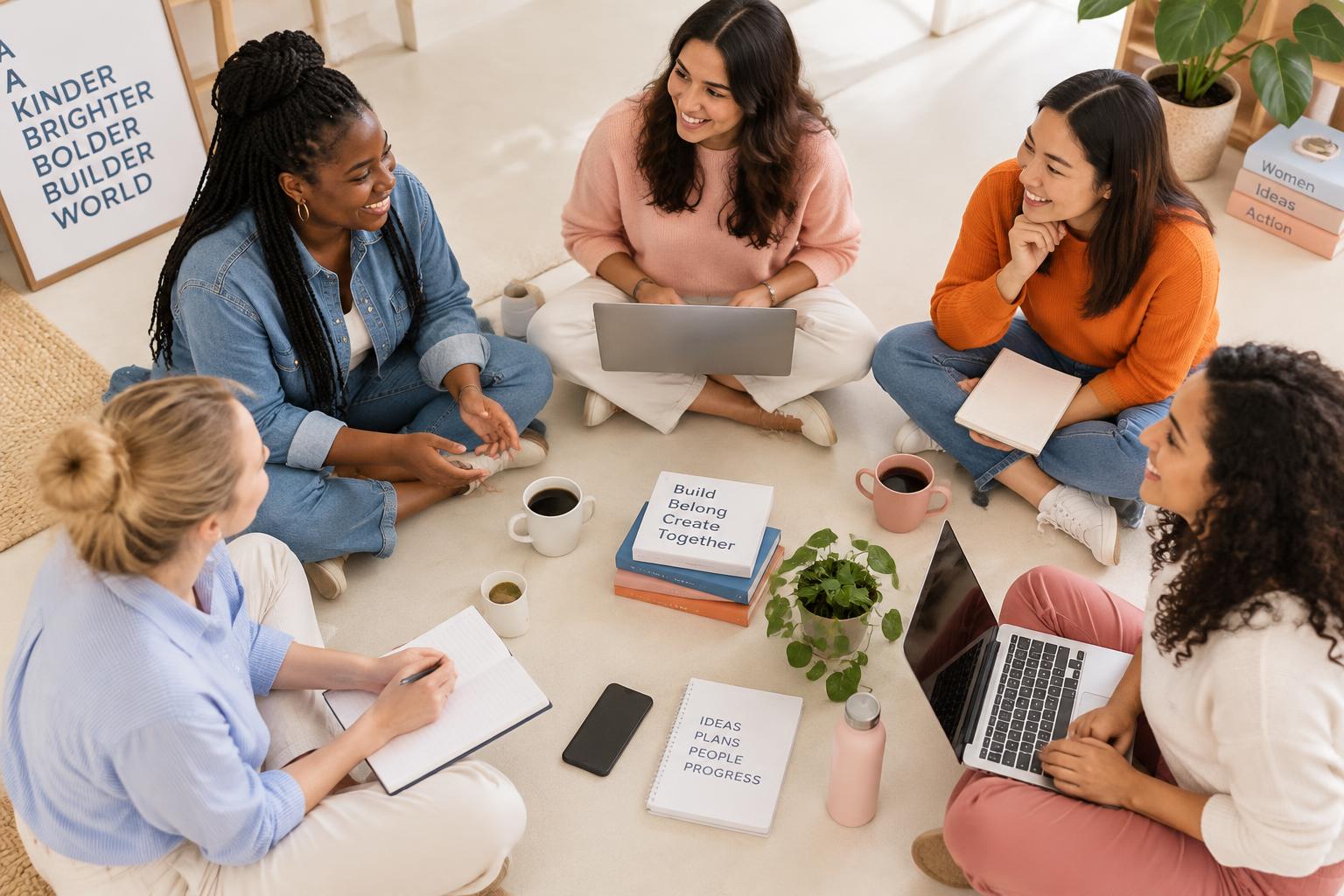 A group of women builders sitting together in a circle